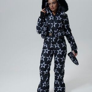 NWT Star Print Insulated Ski Snowsuit w/ Fur Hood + Belt Bag (Fits US S)